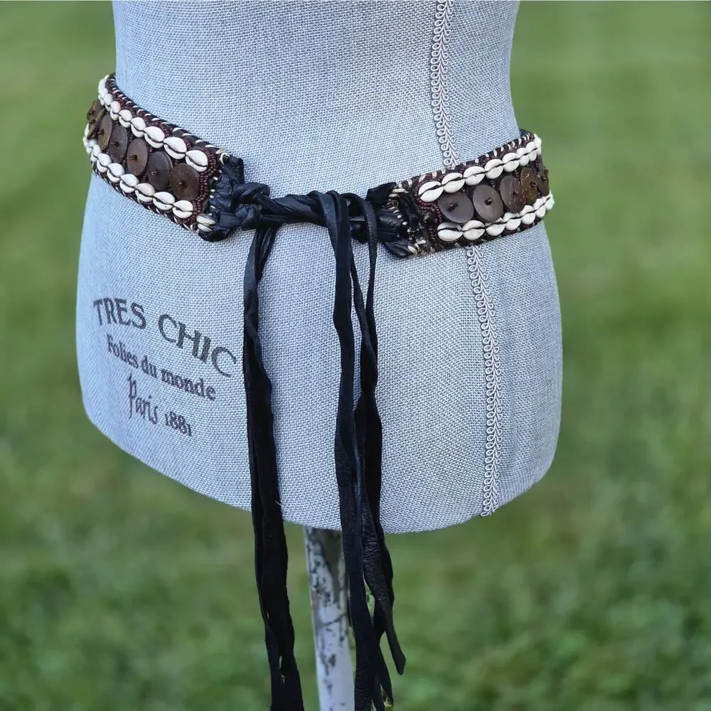 Handmade Boho Cowrie Shell & Coconut Shell Leather Tie Belt